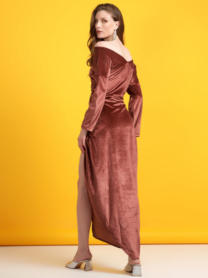 Golden Kite Black Solid Off-Shoulder ,Side Slit Dress