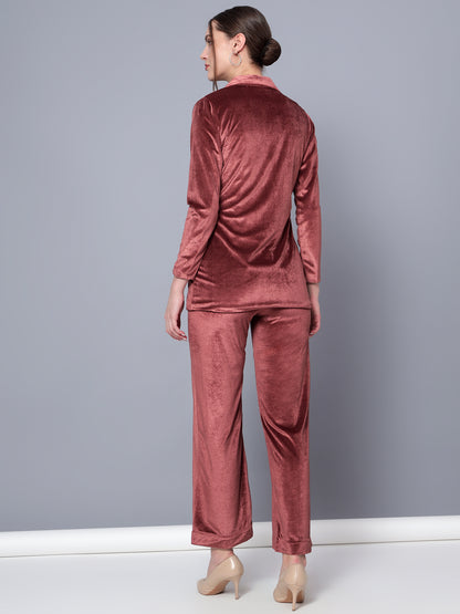 Golden Kite Black Solid Women Single-Breasted Velvet Blazer & Trouser set