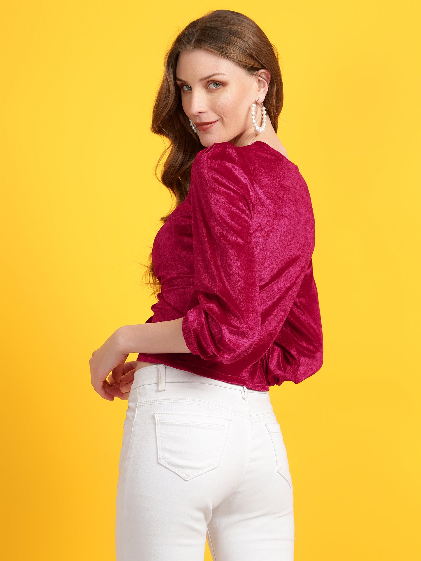 Golden Kite Black Women Solid V-Neck Crop Top Gather Detail