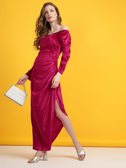 Golden Kite Black Solid Off-Shoulder ,Side Slit Dress