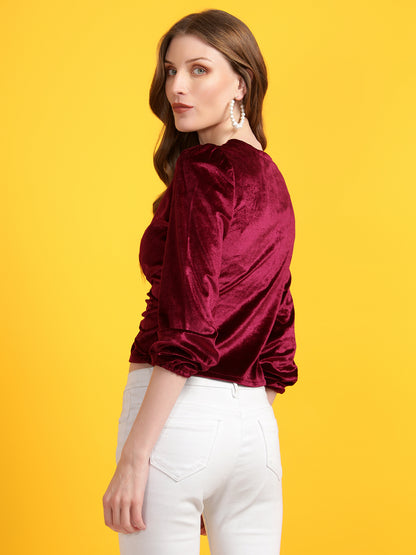 Golden Kite Black Women Solid V-Neck Crop Top Gather Detail