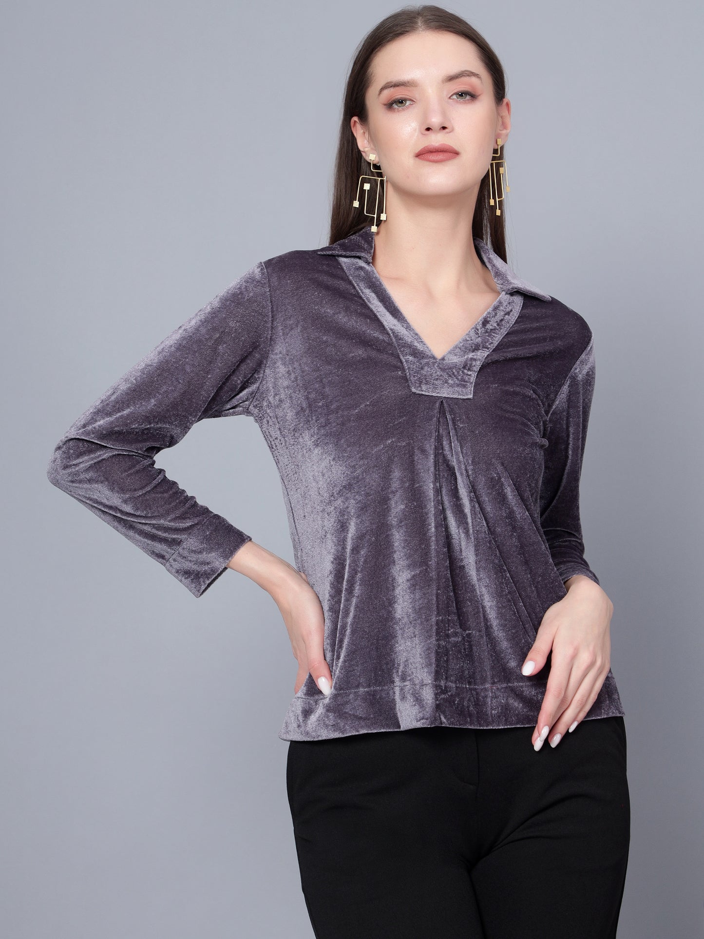 Golden Kite Black Solid Women V-Neck Collared Top