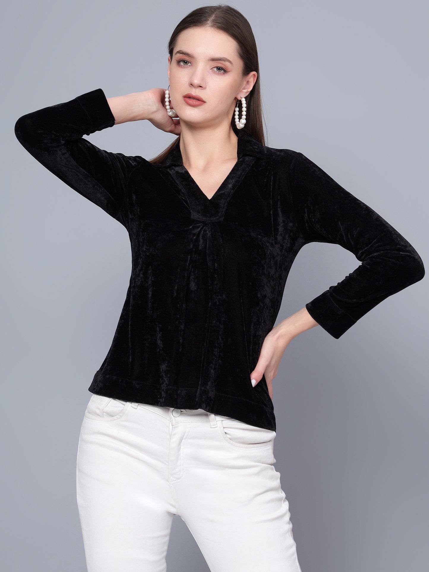 Golden Kite Black Solid Women V-Neck Collared Top