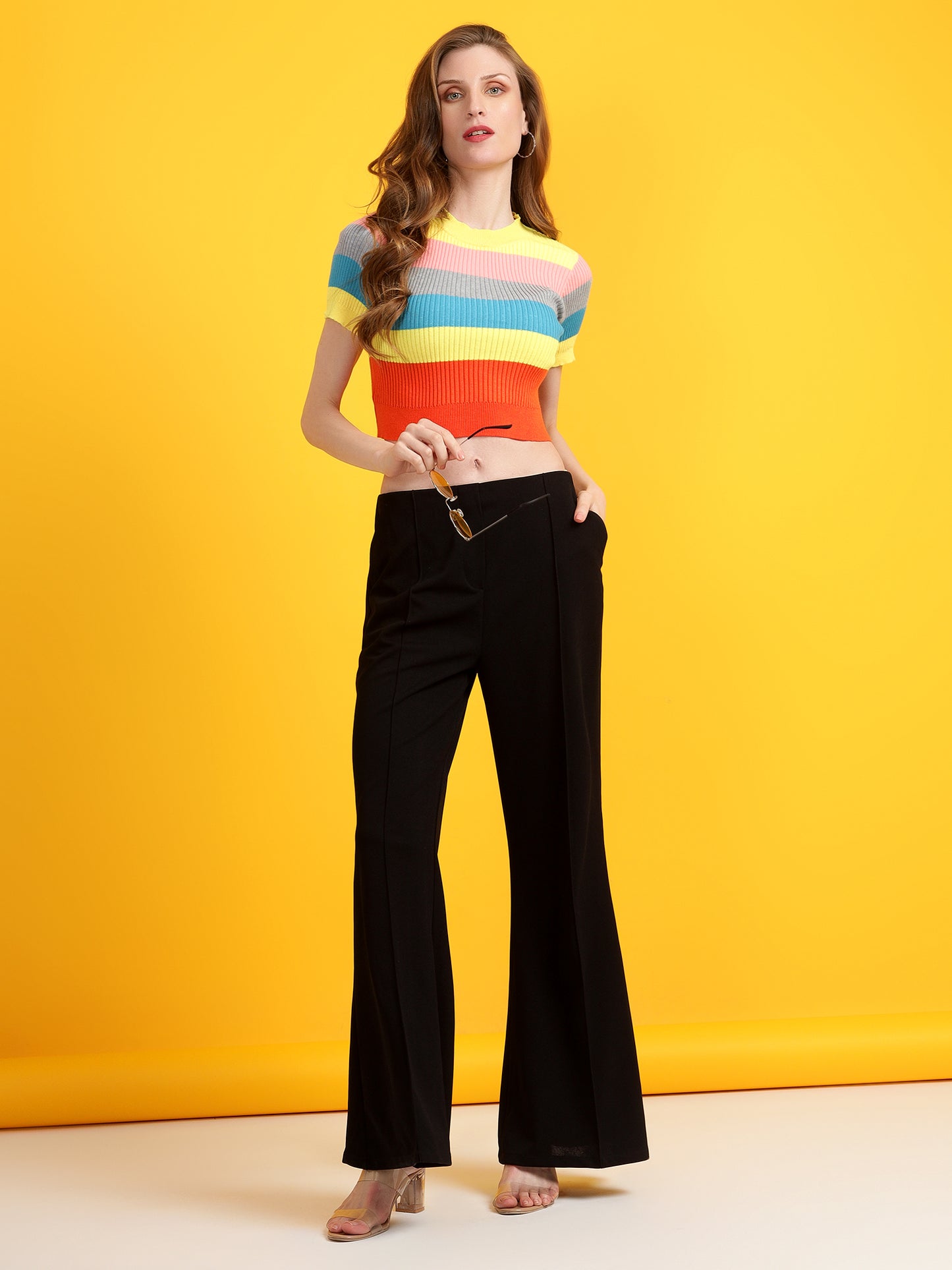 Golden Kite Black Solid High-rise regular-fit trousers, Flared bottom , slip on closure , and two Side pockets Women Pant