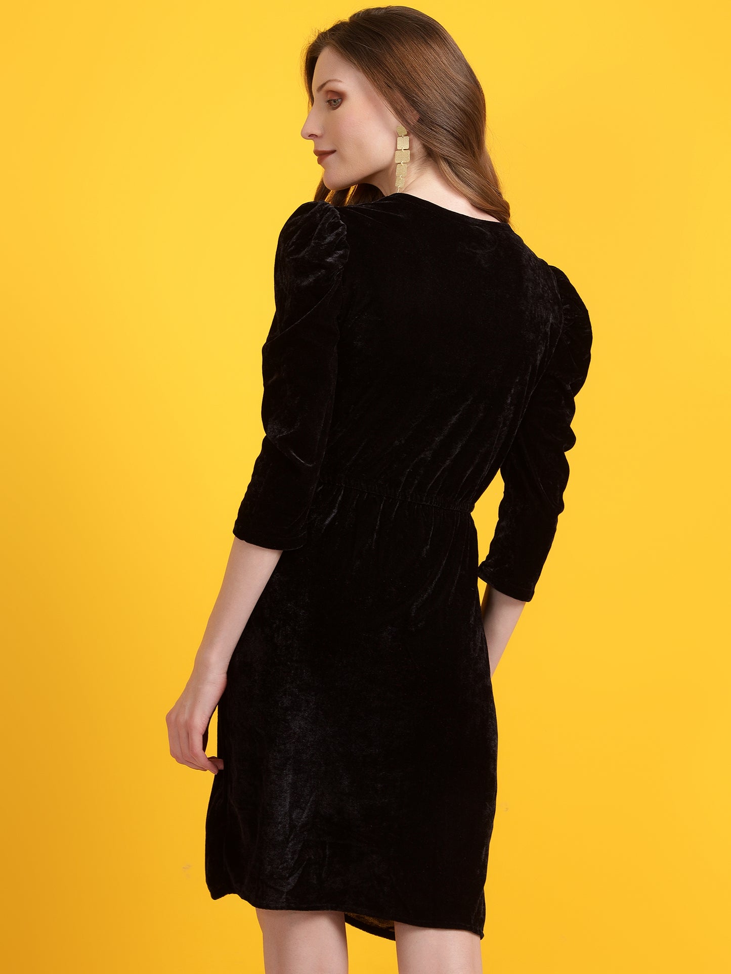 Golden Kite Black Solid Velvet Wrap ,Midi Puff sleeve Dress