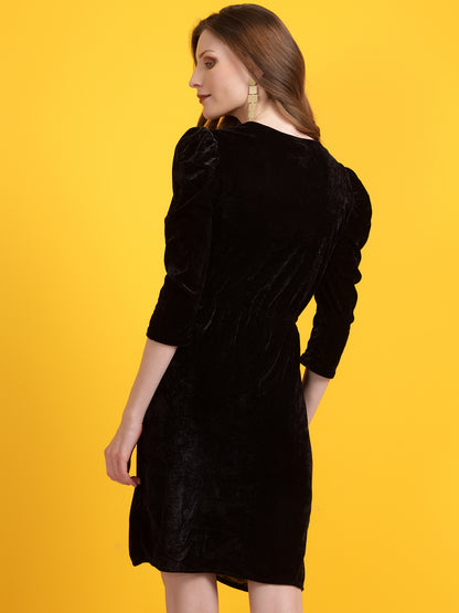 Golden Kite Black Solid Velvet Wrap ,Midi Puff sleeve Dress