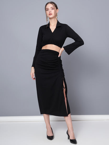 Golden Kite Trendy Black Solid Women Crop Top & Drape Skirt Set