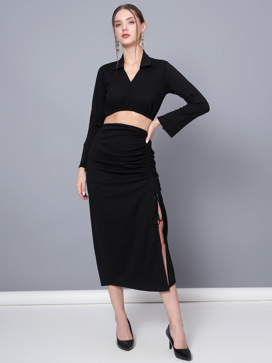 Golden Kite Trendy Black Solid Women Crop Top & Drape Skirt Set