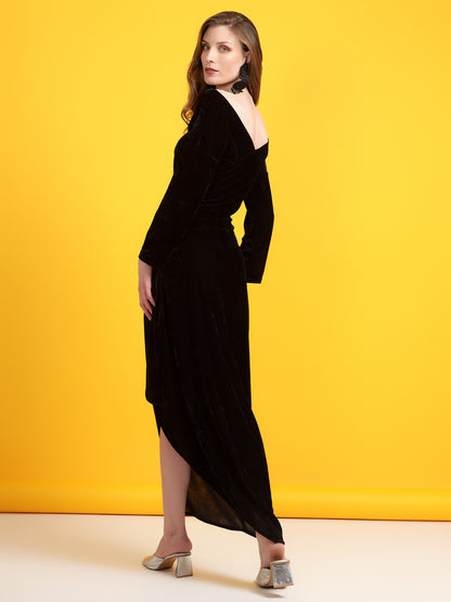Golden Kite Black Solid Off-Shoulder ,Side Slit Dress