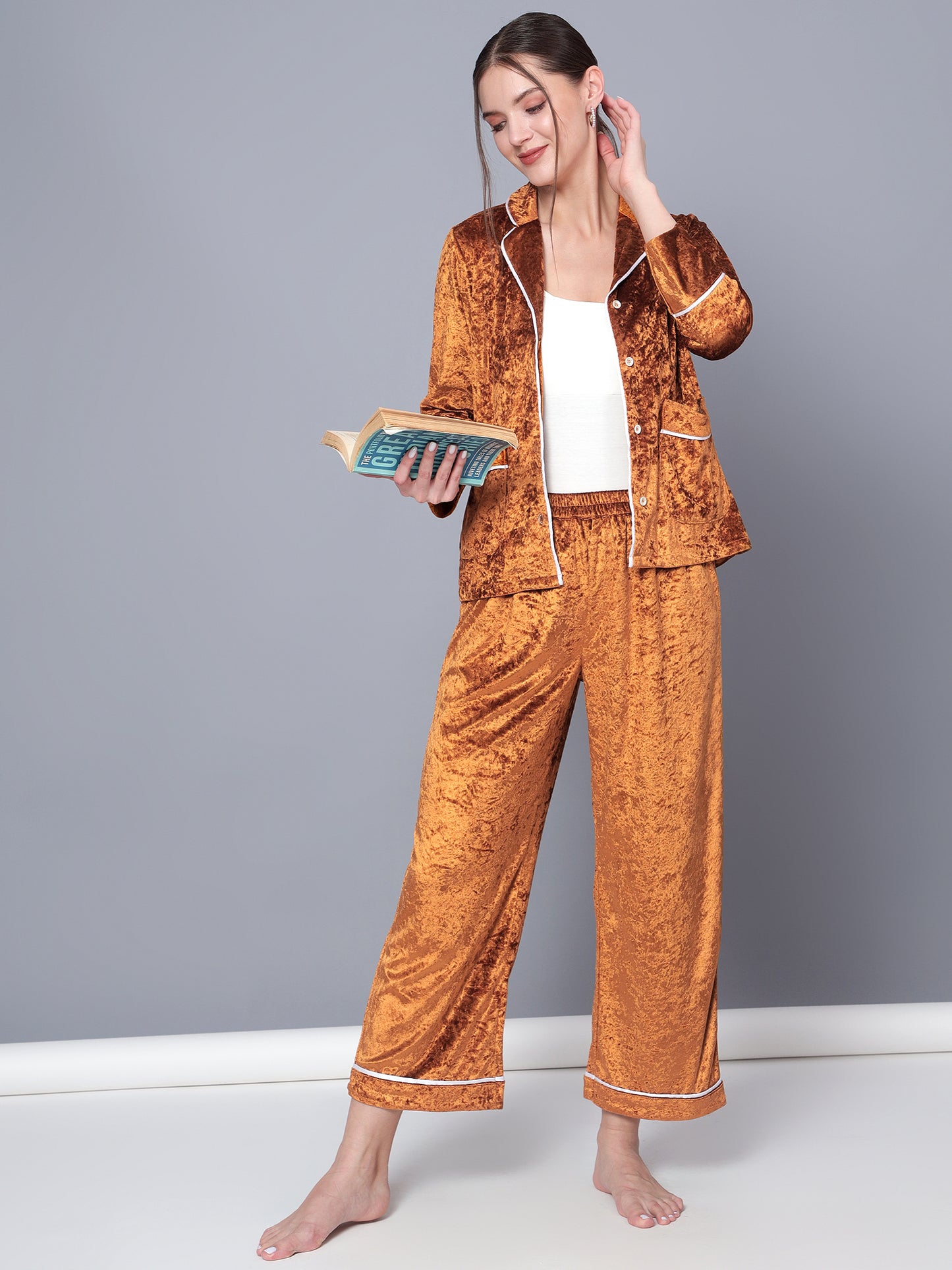 Golden Kite Solid Women's Black Knotch Collar Night Suit with 2 Pocket and Button Details