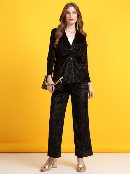 Golden Kite Black Solid Women Single-Breasted Velvet Blazer & Trouser set