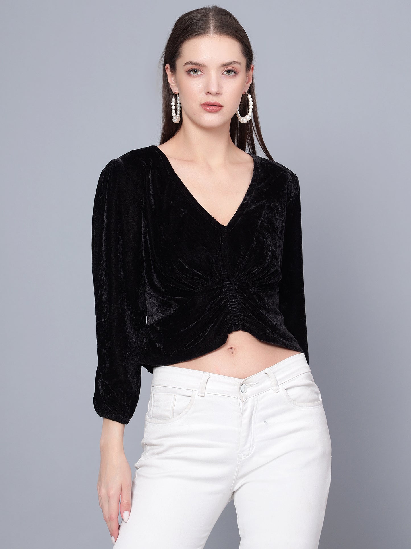 Golden Kite Black Women Solid V-Neck Crop Top Gather Detail