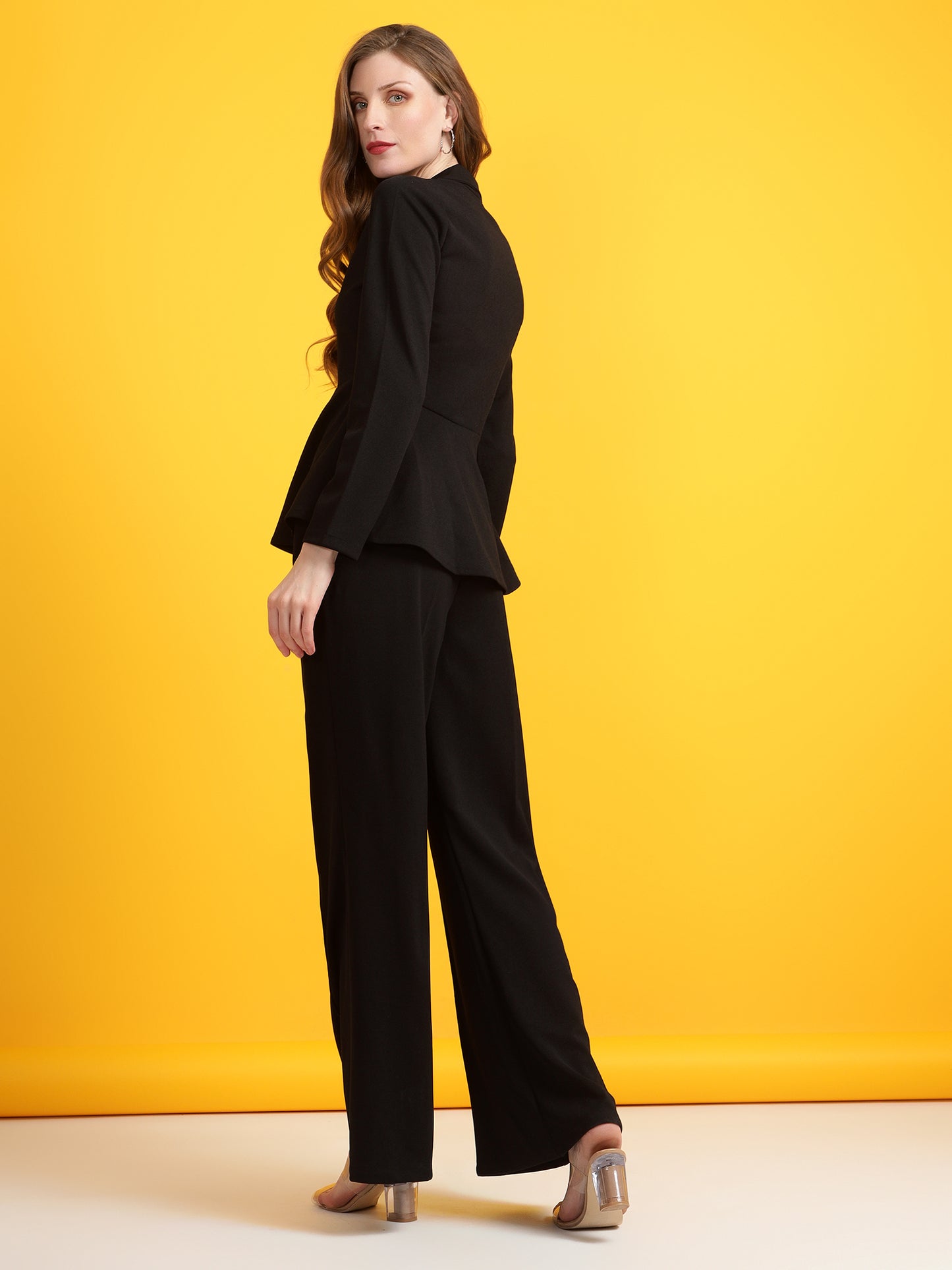 Golden Kite Black Women Solid A-Line Top & Flared Trouser Co-Ord Set