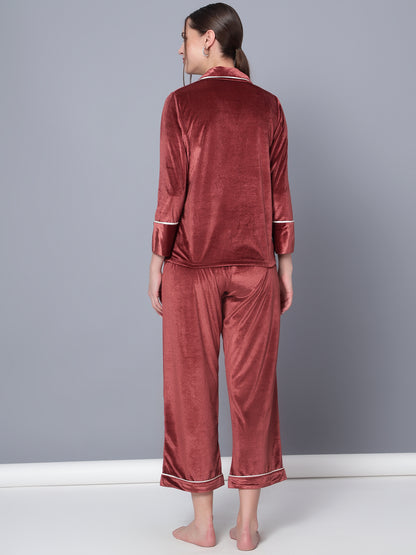 Golden Kite Solid Women's Black Knotch Collar Night Suit with 2 Pocket and Button Details