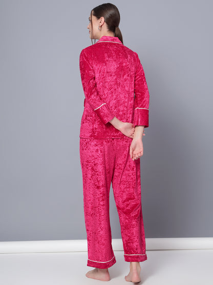 Golden Kite Solid Women's Black Knotch Collar Night Suit with 2 Pocket and Button Details