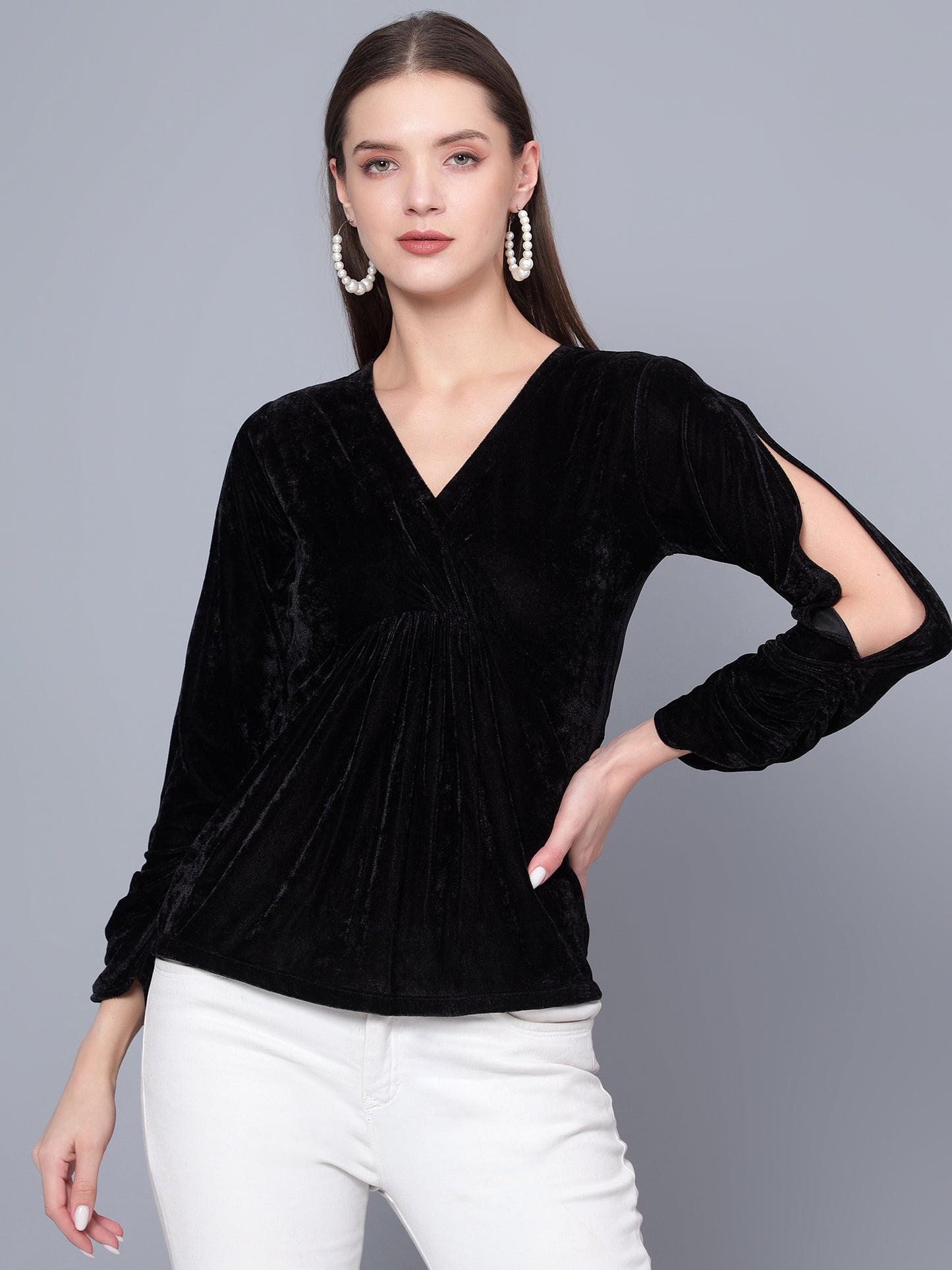 Golden Kite Black Women Solid Wrap Neck ,Sleeve Cut Gather detail Top