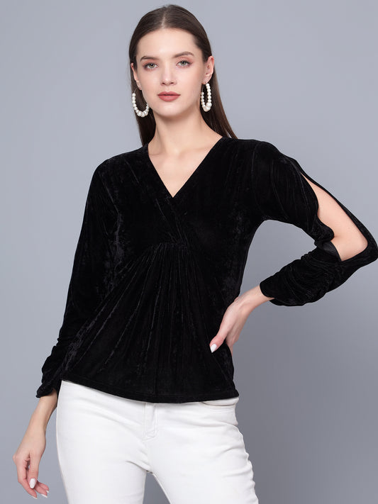 Golden Kite Black Women Solid Wrap Neck ,Sleeve Cut Gather detail Top