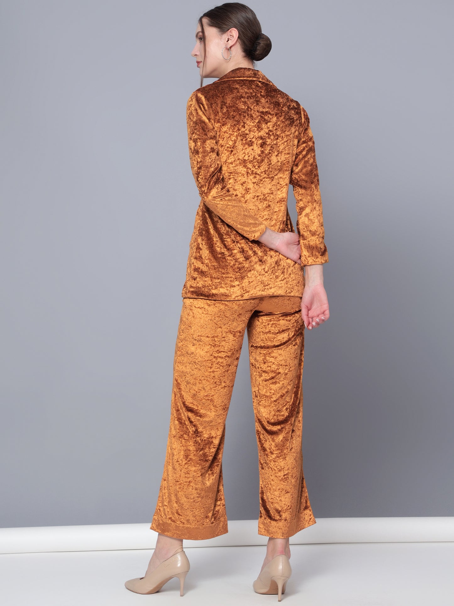 Golden Kite Black Solid Women Single-Breasted Velvet Blazer & Trouser set