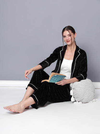 Golden Kite Solid Women's Black Knotch Collar Night Suit with 2 Pocket and Button Details