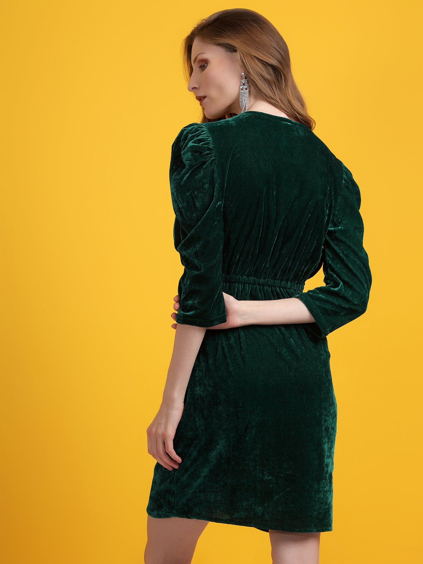 Golden Kite Black Solid Velvet Wrap ,Midi Puff sleeve Dress