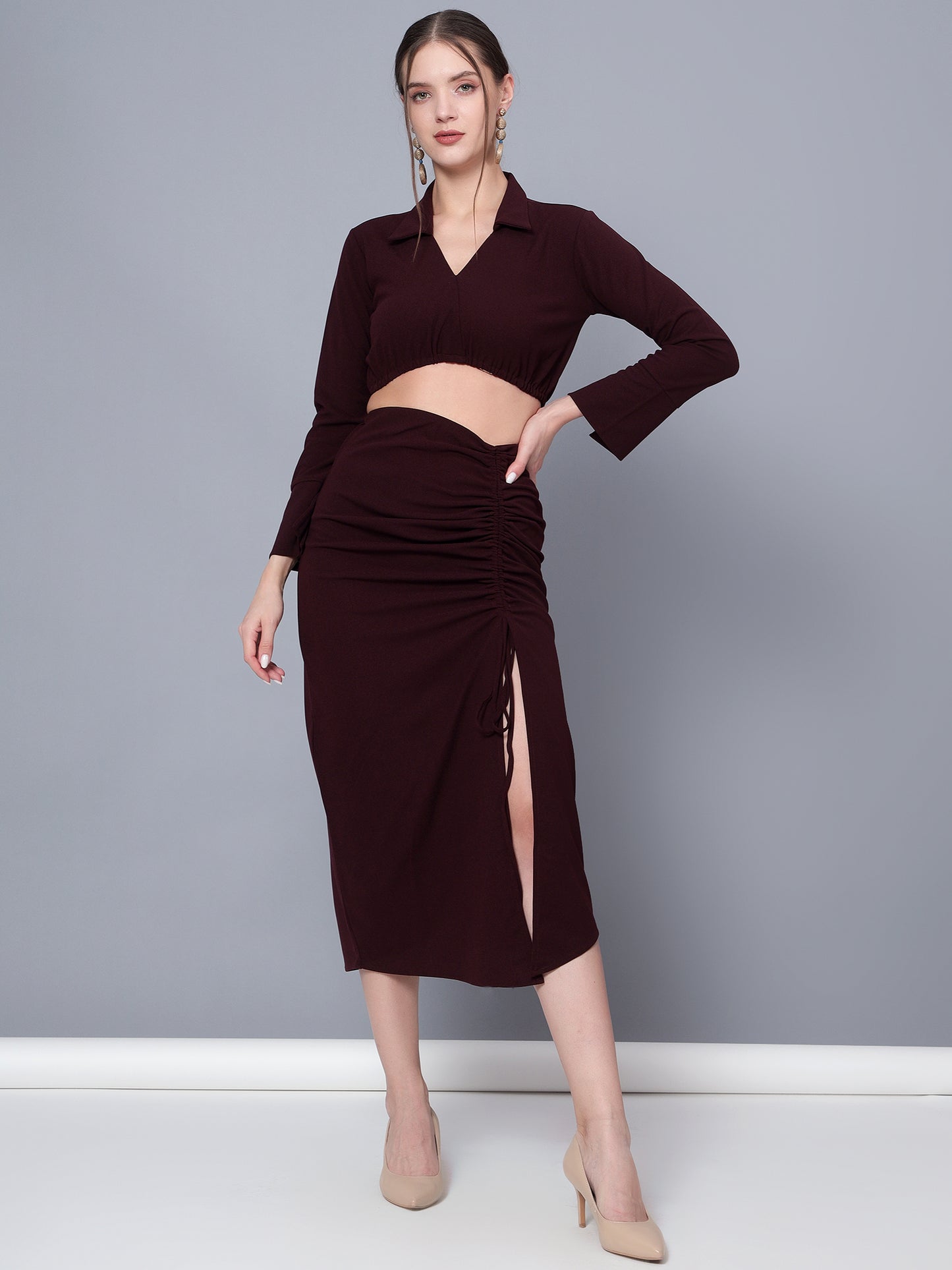 Golden Kite Trendy Black Solid Women Crop Top & Drape Skirt Set