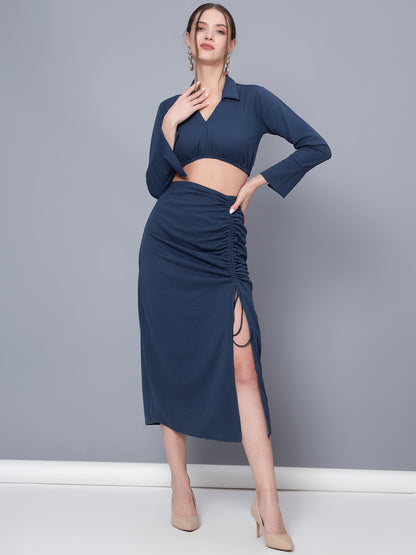 Golden Kite Trendy Black Solid Women Crop Top & Drape Skirt Set