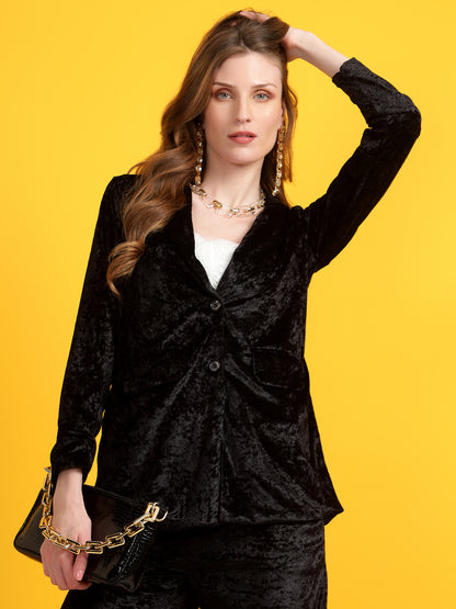 Golden Kite Black Solid Women Single-Breasted Velvet Blazer .