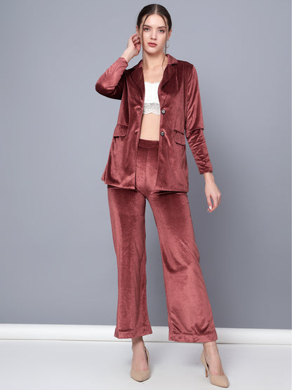 Golden Kite Black Solid Women Single-Breasted Velvet Blazer & Trouser set