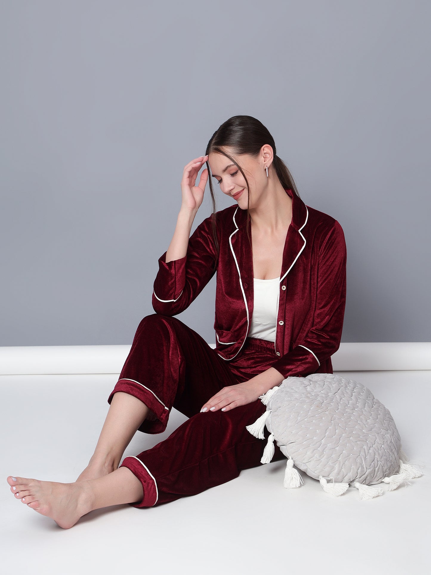 Golden Kite Solid Women's Black Knotch Collar Night Suit with 2 Pocket and Button Details