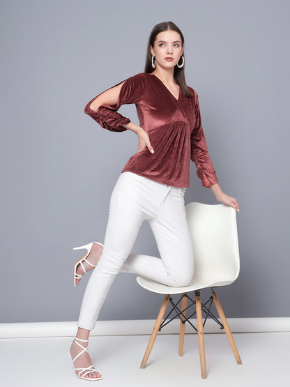 Golden Kite Black Women Solid Wrap Neck ,Sleeve Cut Gather detail Top