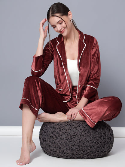 Golden Kite Solid Women's Black Knotch Collar Night Suit with 2 Pocket and Button Details