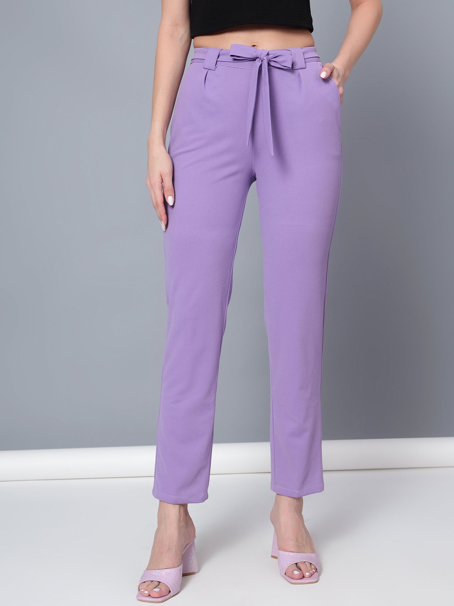 Golden Kite Women Purple Trouser is a stylish piece.Two Side Pockets ,Trouser Loops Belt Detail Women Casual pant