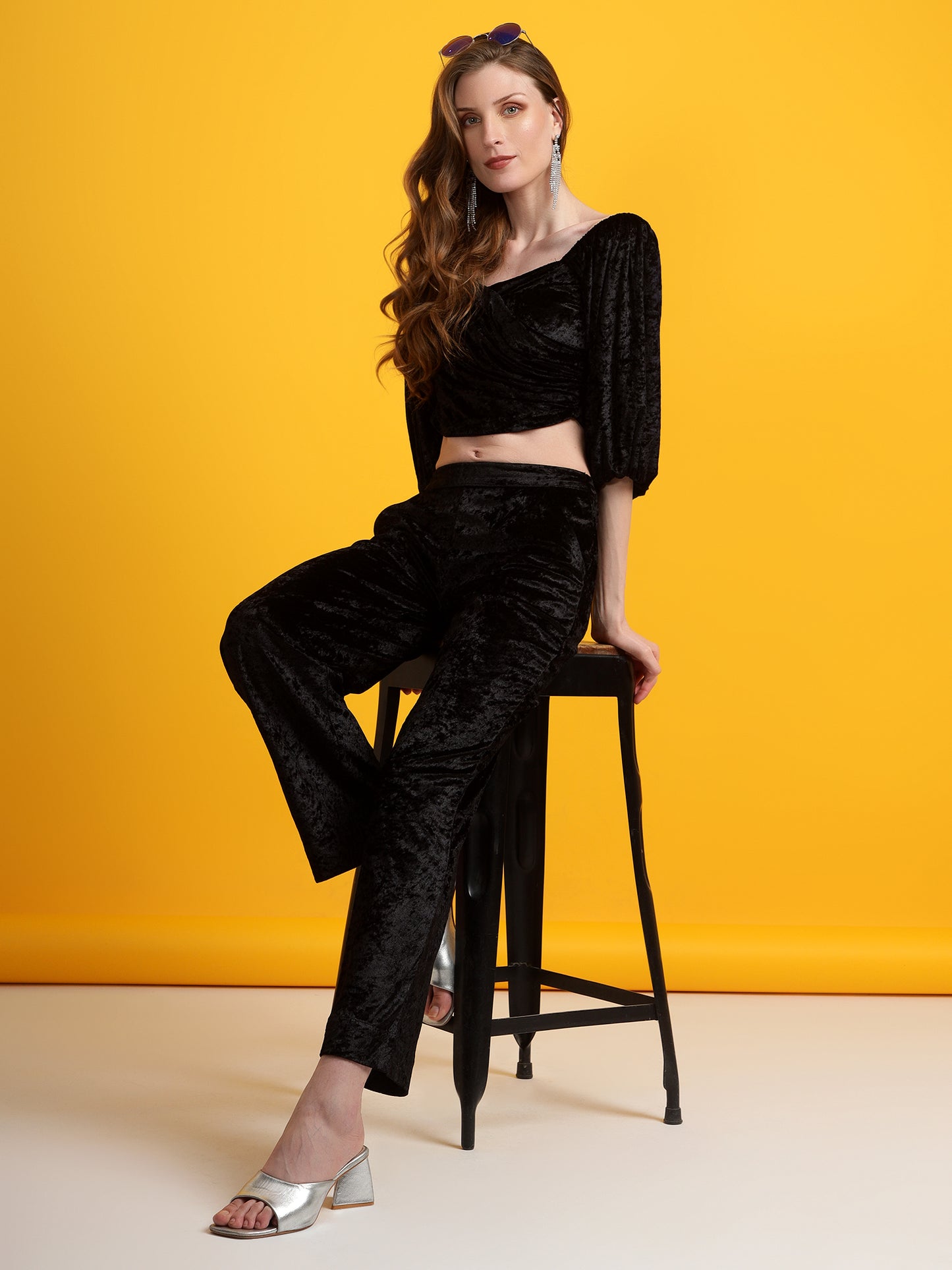 Golden Kite Women Solid Crop Top & Straight Trouser Co-Ord Set