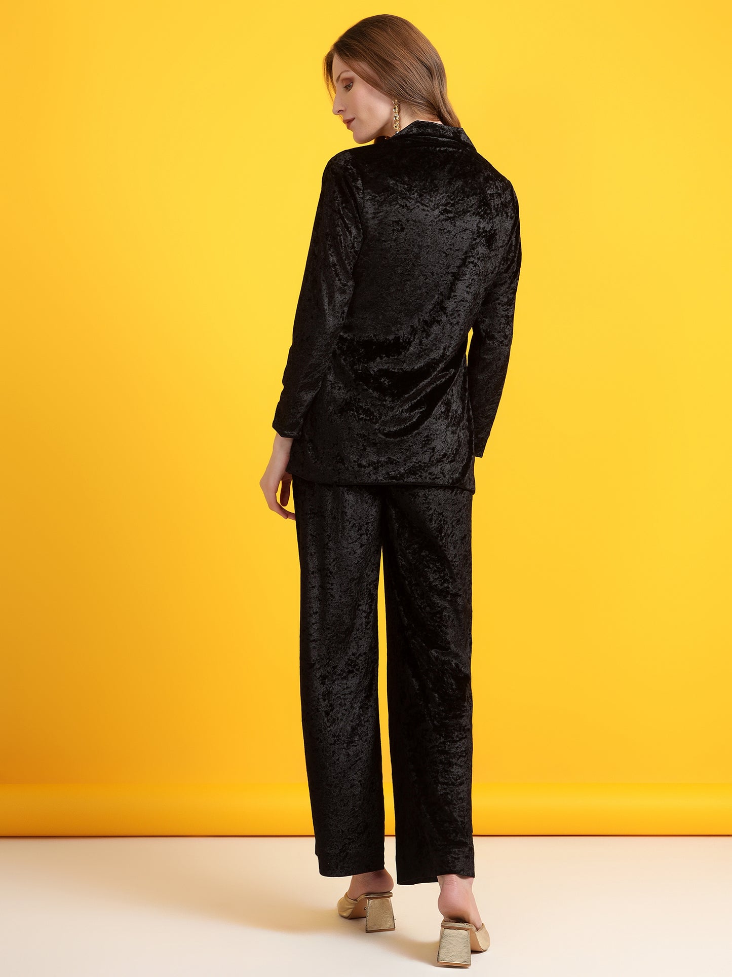 Golden Kite Black Solid Women Single-Breasted Velvet Blazer & Trouser set