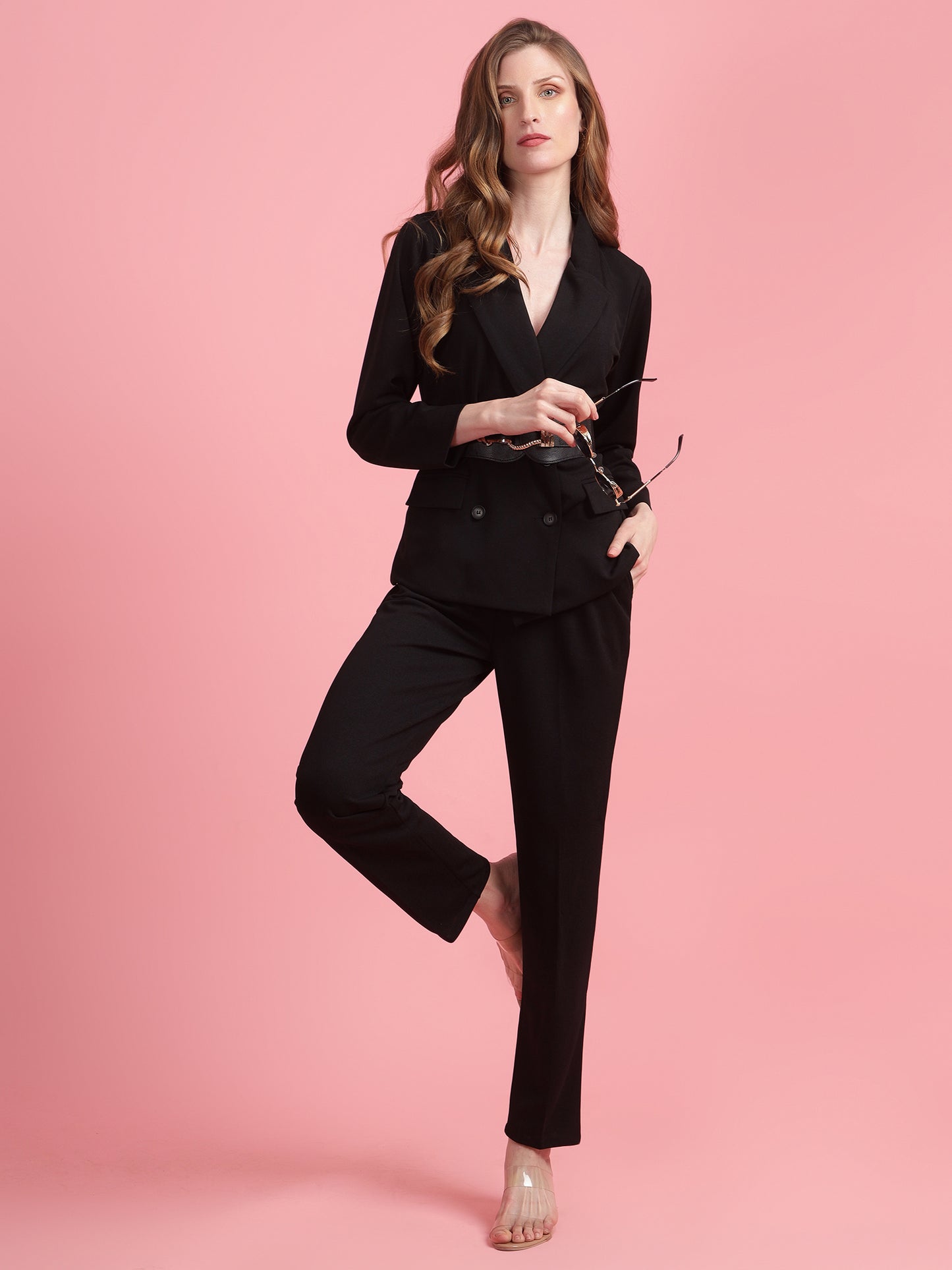 Golden Kite Black Solid Women Double-Breasted Blazer & Trouser set