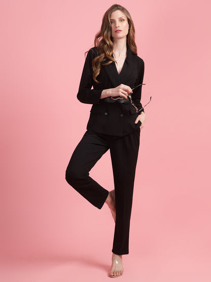 Golden Kite Black Solid Women Double-Breasted Blazer & Trouser set