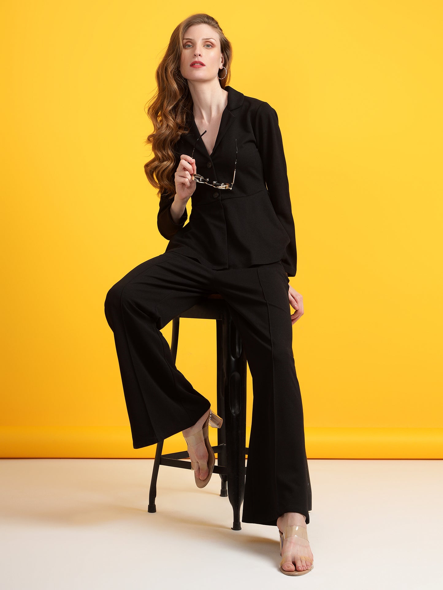 Golden Kite Black Women Solid A-Line Top & Flared Trouser Co-Ord Set