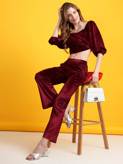 Golden Kite Women Solid Crop Top & Straight Trouser Co-Ord Set