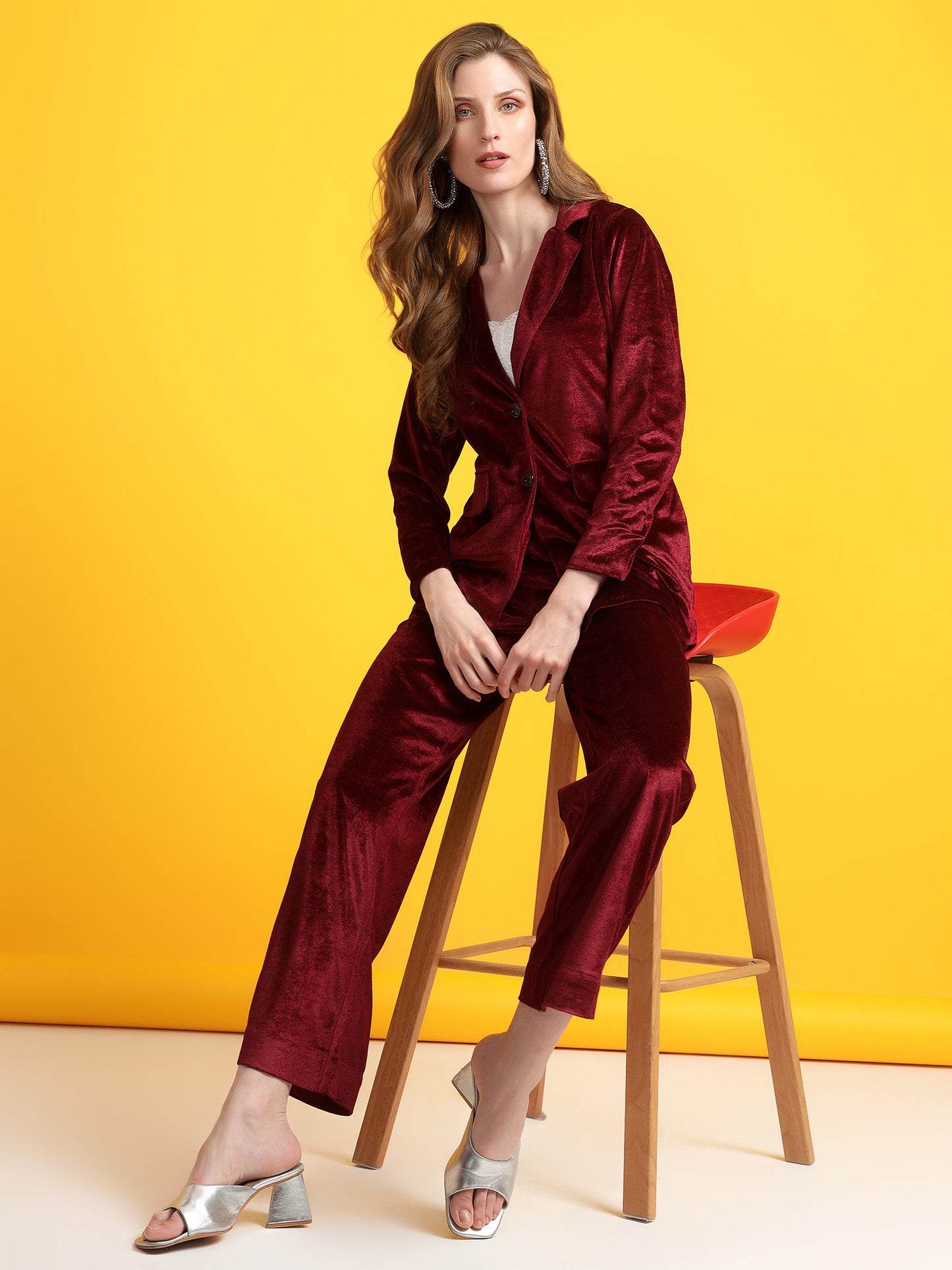 Golden Kite Black Solid Women Single-Breasted Velvet Blazer & Trouser set