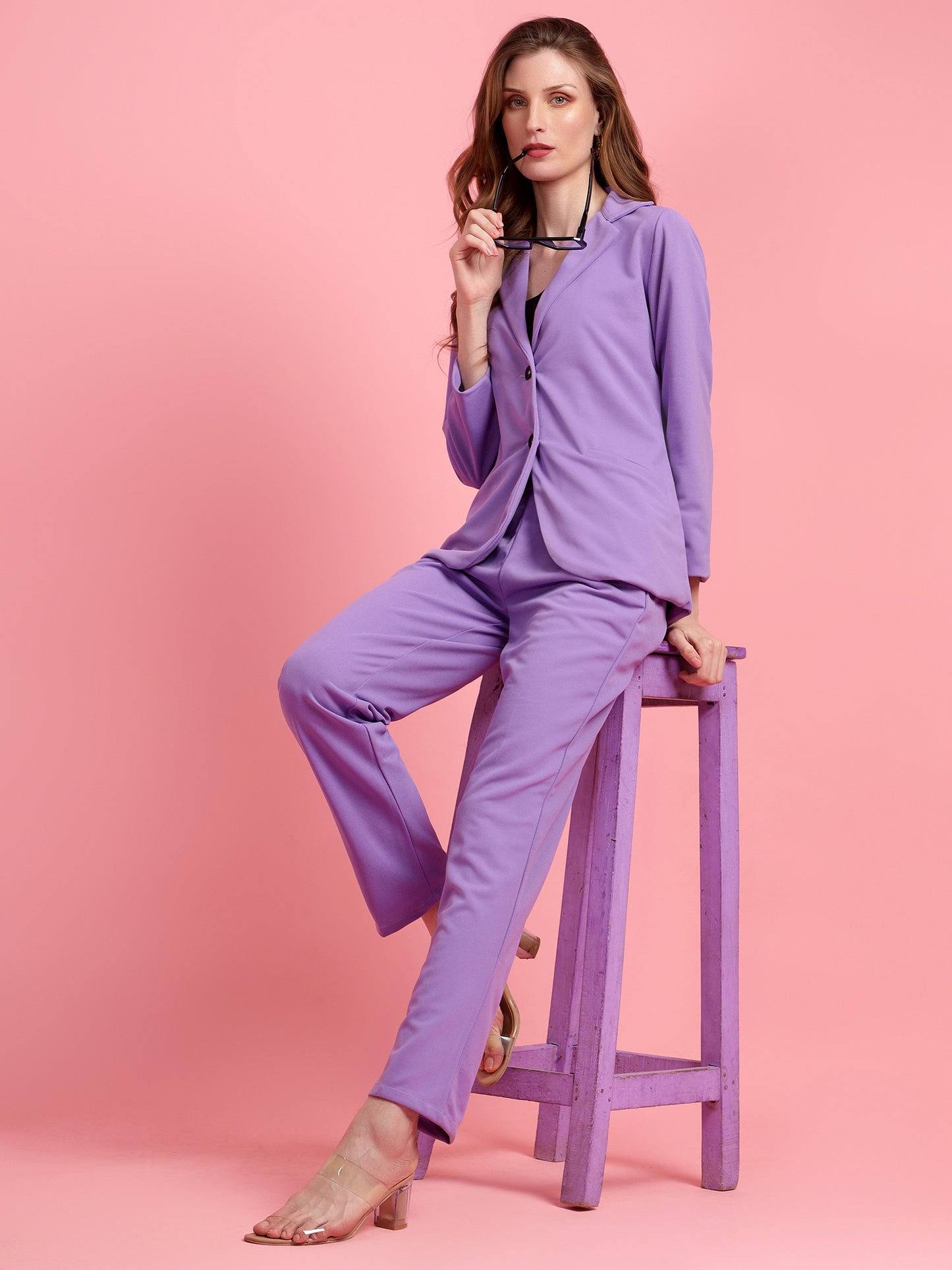 Golden Kite Women Purple Solid Single-Breasted Formal Classic Blazer & Trouser Set