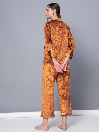 Golden Kite Solid Women's Black Knotch Collar Night Suit with 2 Pocket and Button Details