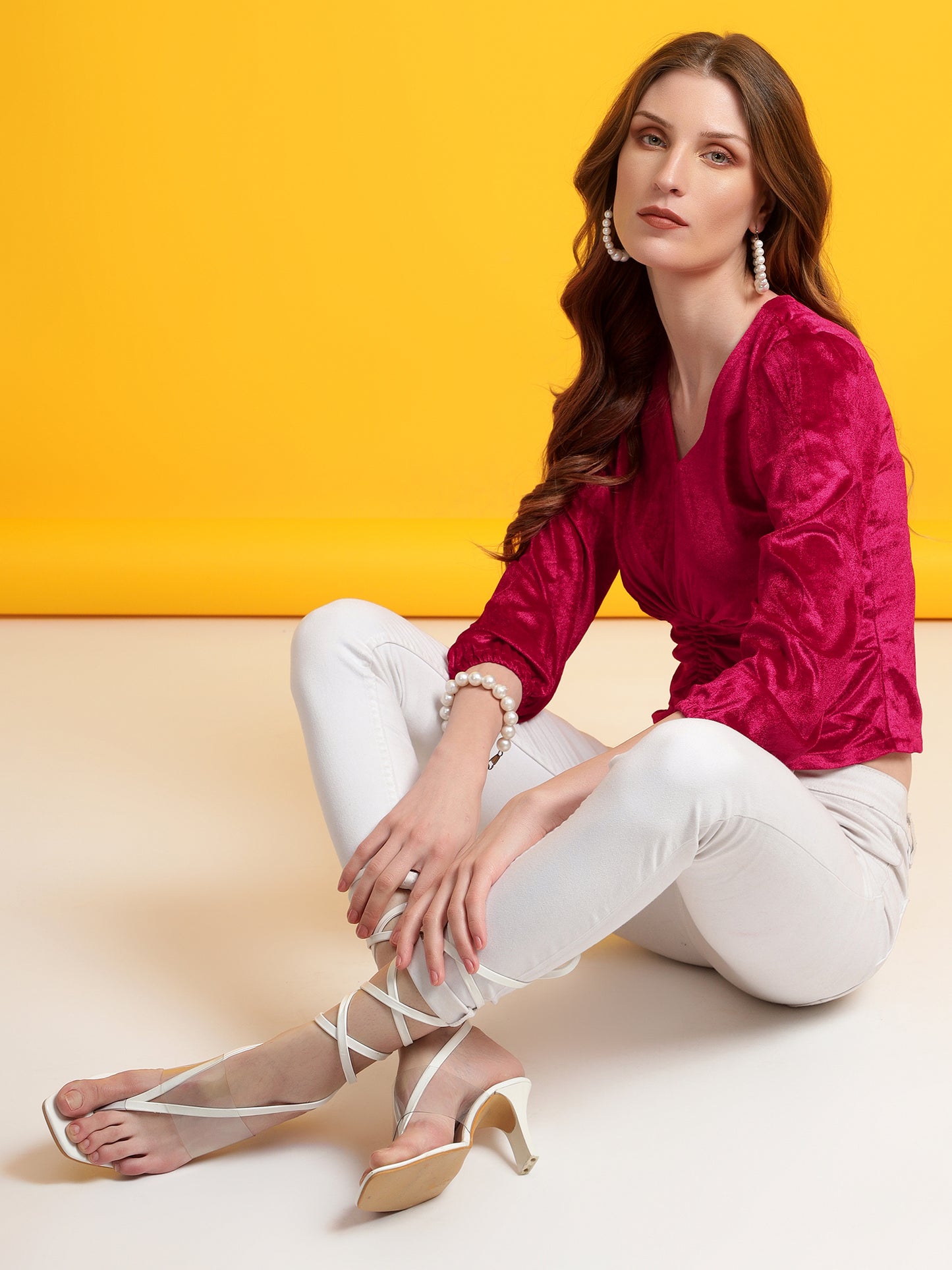 Golden Kite Black Women Solid V-Neck Crop Top Gather Detail