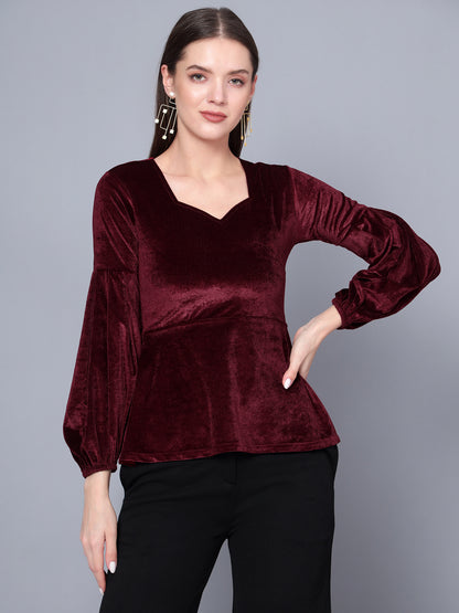 Golden Kite Black Women Solid Sweetheart Neck Bishop Sleeves Velvet Top