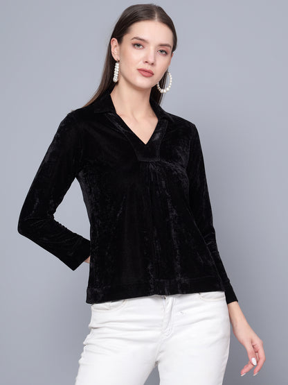 Golden Kite Black Solid Women V-Neck Collared Top