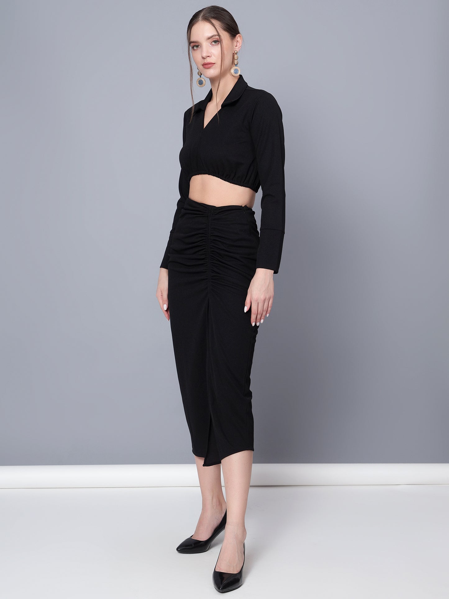 Golden Kite Trendy Black Solid Women Crop Top & Drape Skirt Set