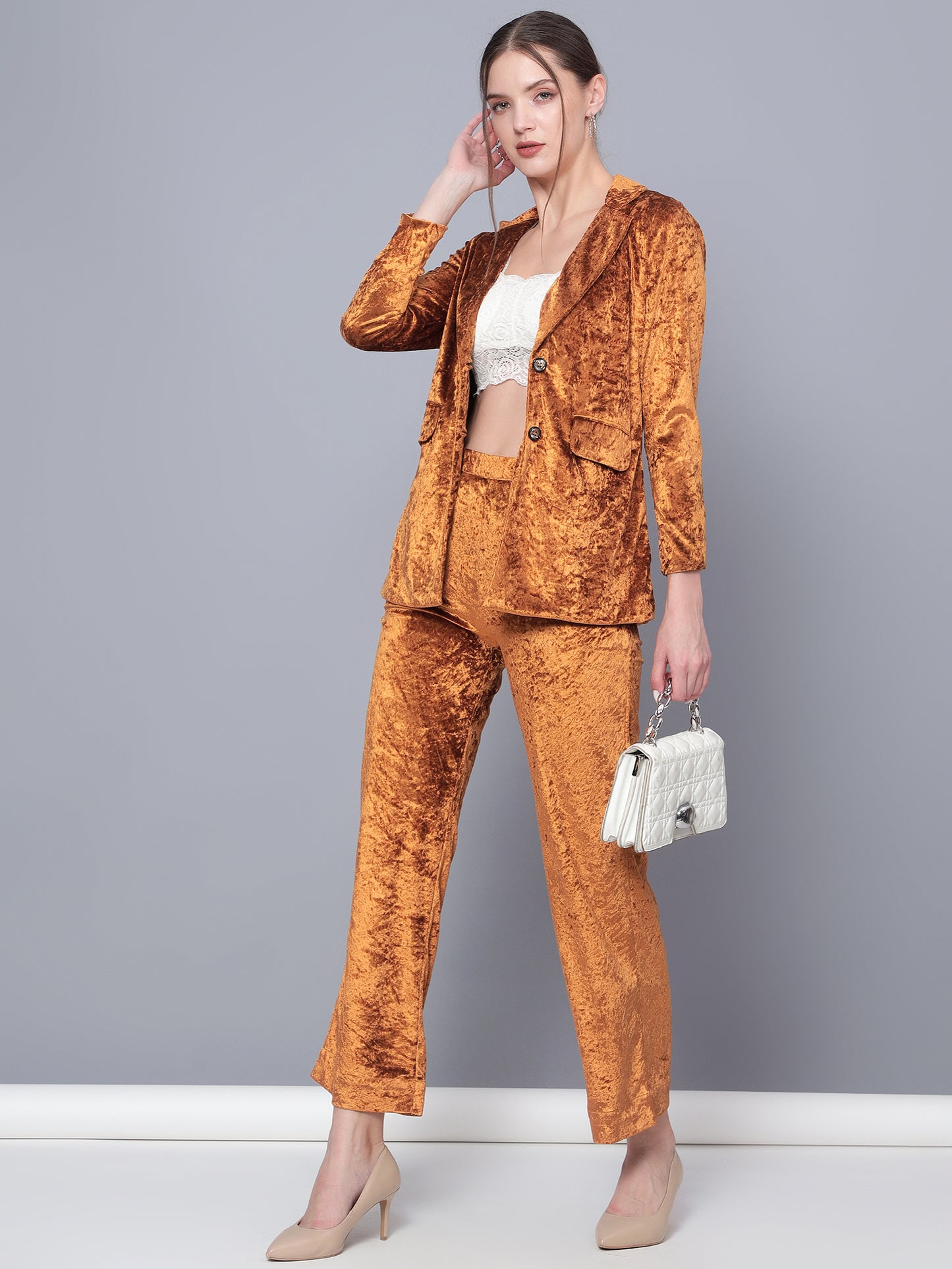 Golden Kite Black Solid Women Single-Breasted Velvet Blazer & Trouser set