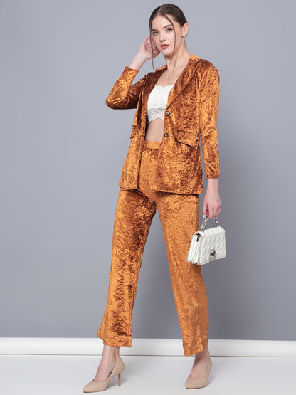 Golden Kite Black Solid Women Single-Breasted Velvet Blazer & Trouser set