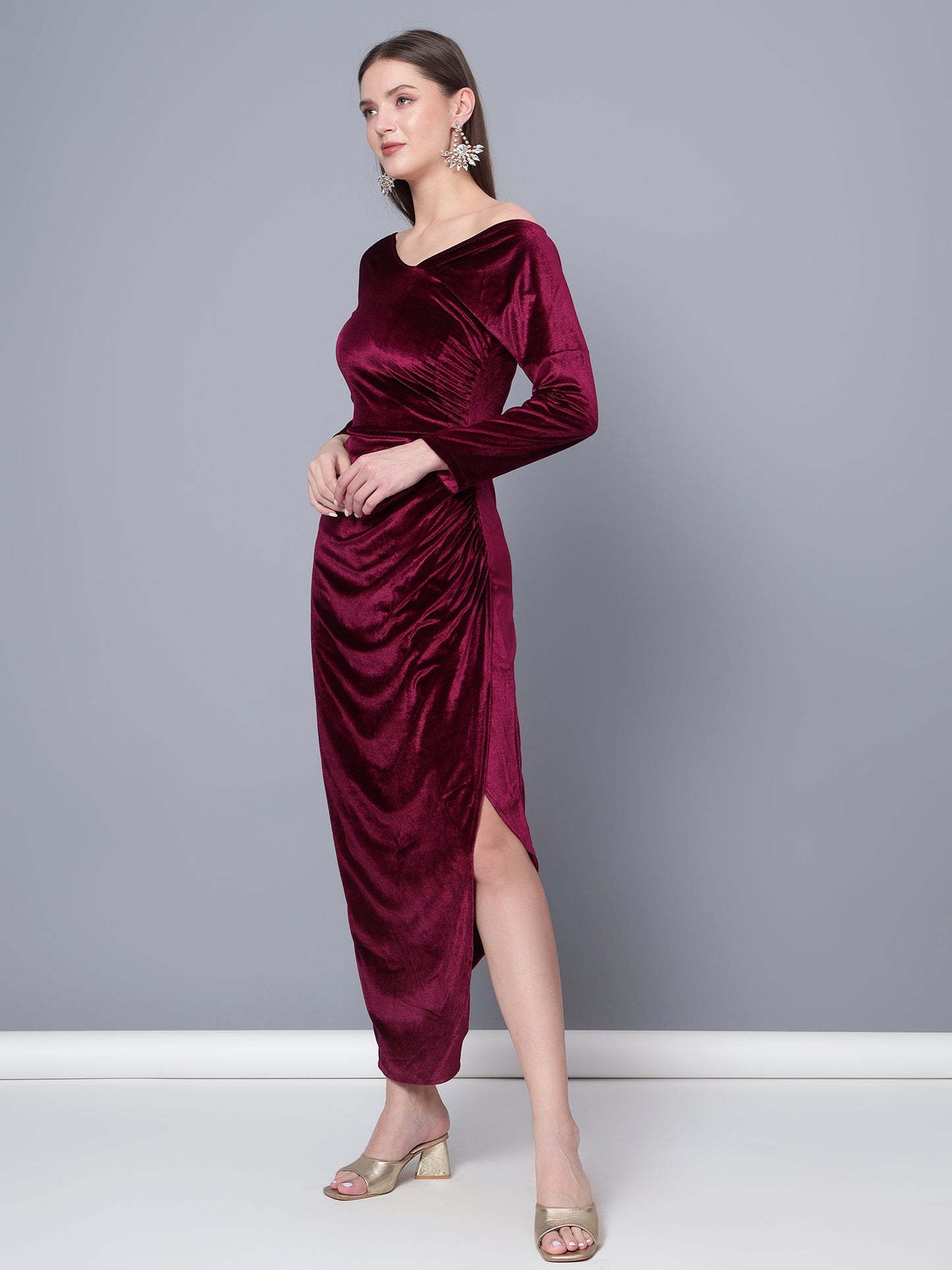 Golden Kite Black Solid Off-Shoulder ,Side Slit Dress