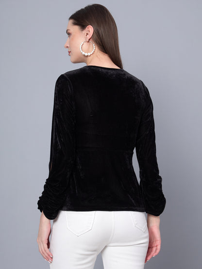 Golden Kite Black Women Solid Wrap Neck ,Sleeve Cut Gather detail Top