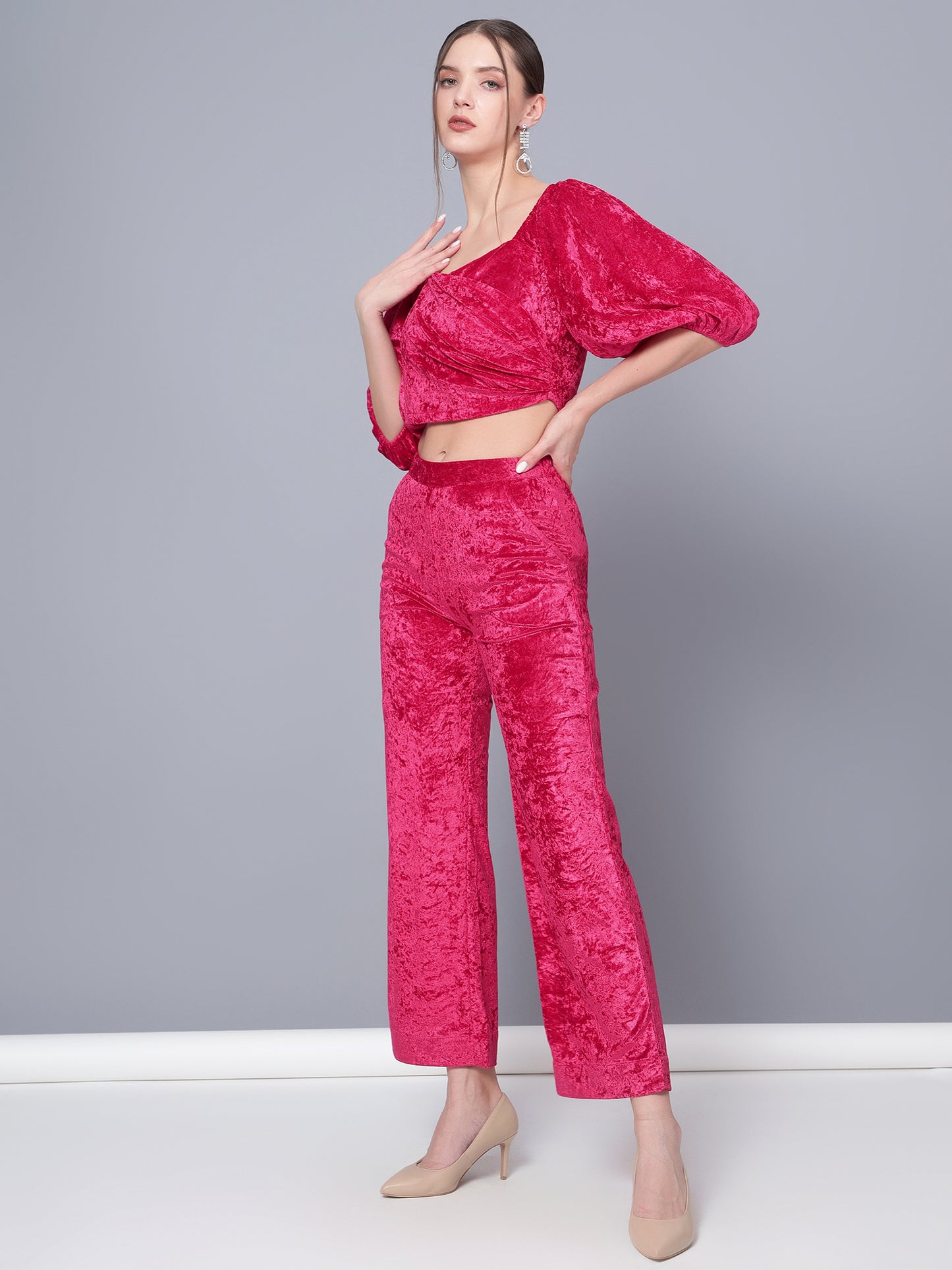 Golden Kite Women Solid Crop Top & Straight Trouser Co-Ord Set